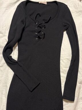 Full Tilt Black Ribbed Lace-Up Long Sleeve Mini Dress - Size Small